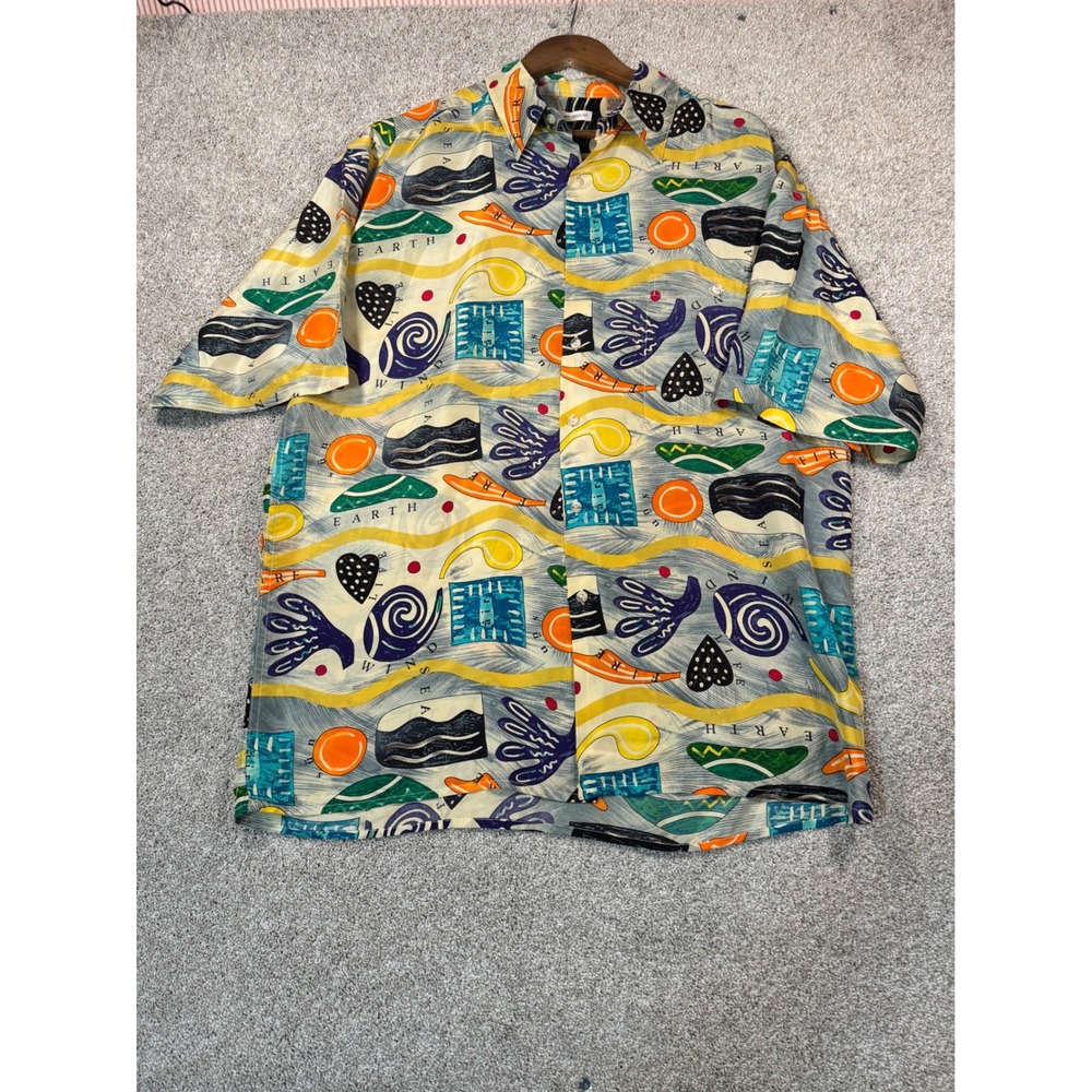 Burma Bibas Mens Large Silk Shirt Abstract Earth Wind Sea Fire Graphic Vintage